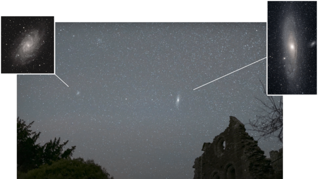 The Andromeda Galaxy (right) and the Triangulum Galaxy (left), photographed from the dark skies of the Brecon Beacons, Wales. Credit: Derek Smale.