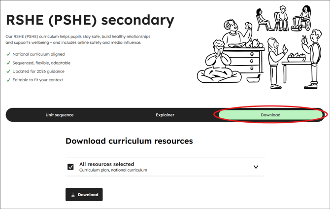 RSHE secondary curriculum download tab