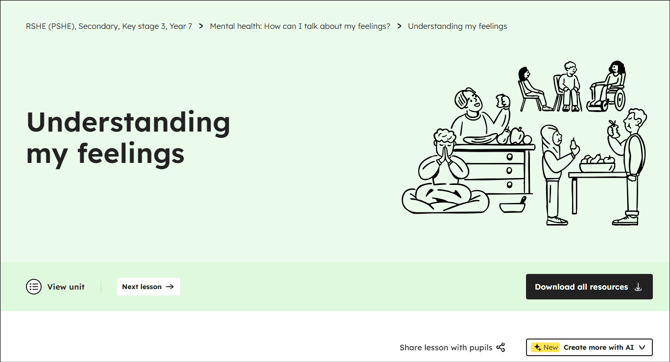 Understand my feelings lesson page showing the Download all resources and Create more with AI buttons and the Share lesson with pupils link.