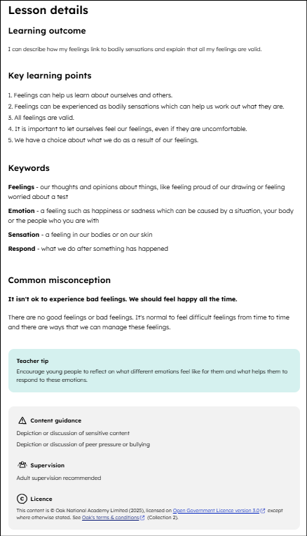 Understand your feelings lesson page lesson details including key learning points, keywords, common misconceptions, teacher tip and guidance.
