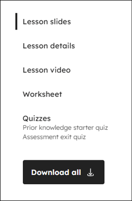 left side lesson page navigation links including lesson slides, lesson details, lesson video, worksheet, quizzes and download all.