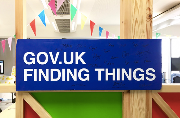 Sign in an office saying 'GOV.UK finding things'