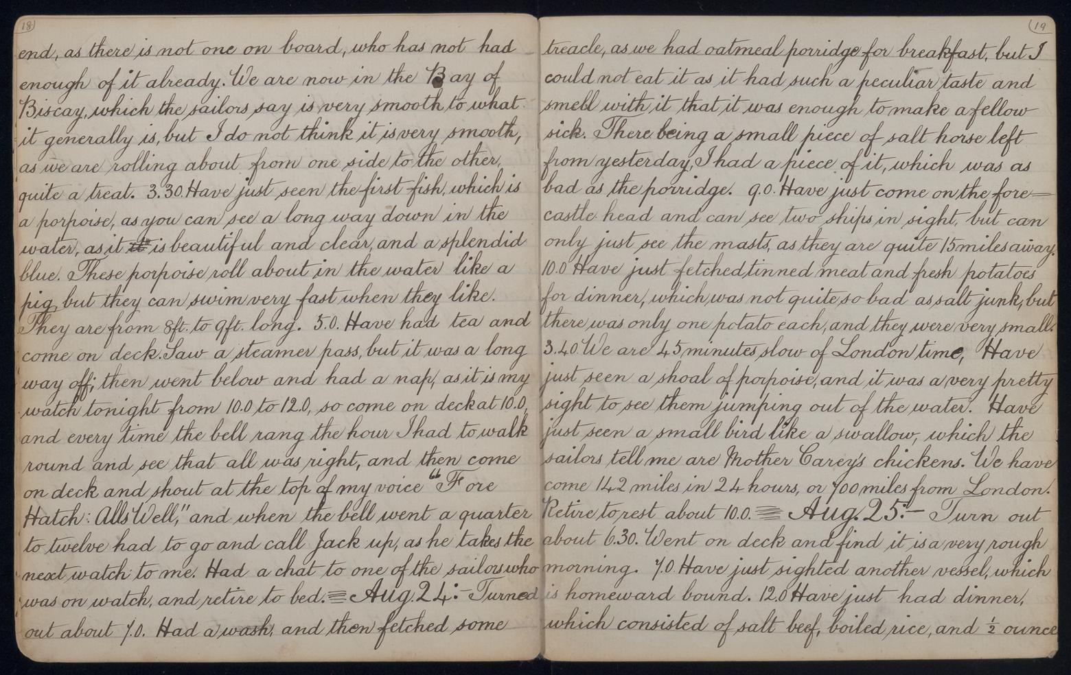 An image showing 'JOD/210; Diary kept by J Lang, passenger on board the barque ZAMORA on a voyage to Australia, 1883. 1883-08-10 - 1883-09-12'