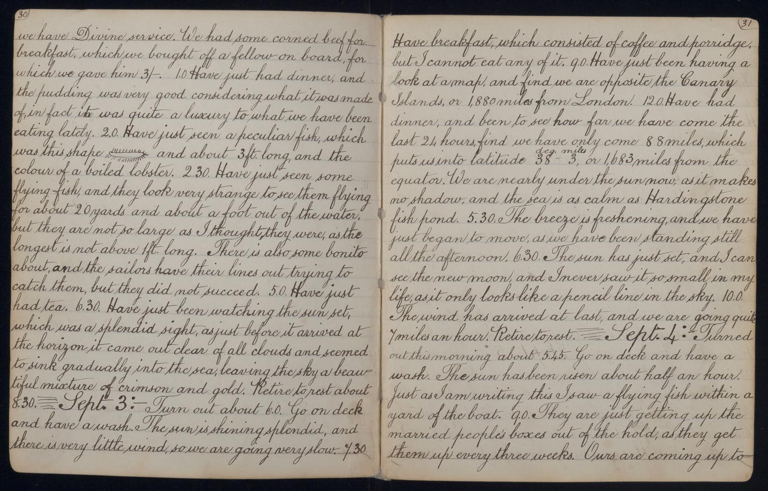 An image showing 'JOD/210; Diary kept by J Lang, passenger on board the barque ZAMORA on a voyage to Australia, 1883. 1883-08-10 - 1883-09-12'