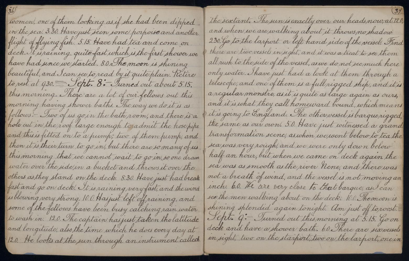 An image showing 'JOD/210; Diary kept by J Lang, passenger on board the barque ZAMORA on a voyage to Australia, 1883. 1883-08-10 - 1883-09-12'