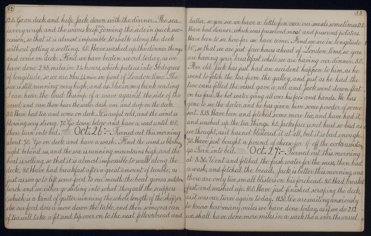 An image showing 'JOD/210; Diary kept by J Lang, passenger on board the barque ZAMORA on a voyage to Australia, 1883. 1883-08-10 - 1883-09-12'