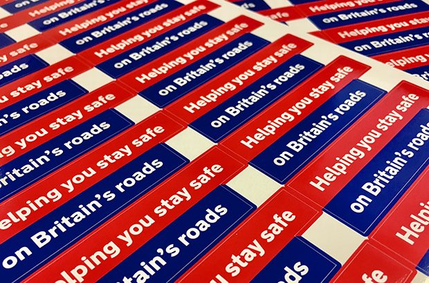 Helping you stay safe on Britain's roads stickers in red and blue