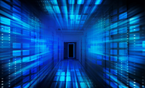 A corridor of blue rectangle lights