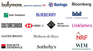 Logos for Ballymore, Bank of America, Baringa, Bloomberg, BNP Paribas, Burberry, Citadel, CultureShock, HSBC UK, LGT Wealth Management, Linklaters, Mayer Brown, Mishcon de Reya, Norton Rose Fulbright, Societe Generale, Sothebys, W1M