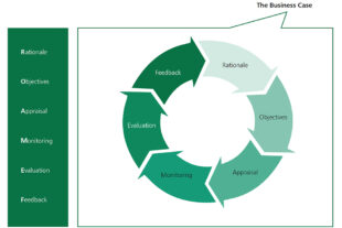 A policy cycle that comprises Rationale, Objectives, Appraisal, Monitoring, Evaluation, Feeeback.