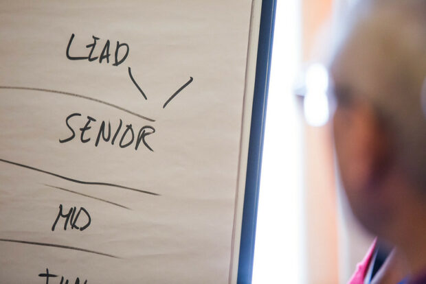 A flip chart with the words Lead, Senior and Mid written in a vertical line showing traditional team hierarchy.