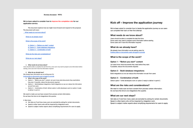 A screenshot of 2 documents side by side. On the left is a document with lots of links, red text, and poor structure. On the rights is an image with clear headings and a structure which is easier to skim.