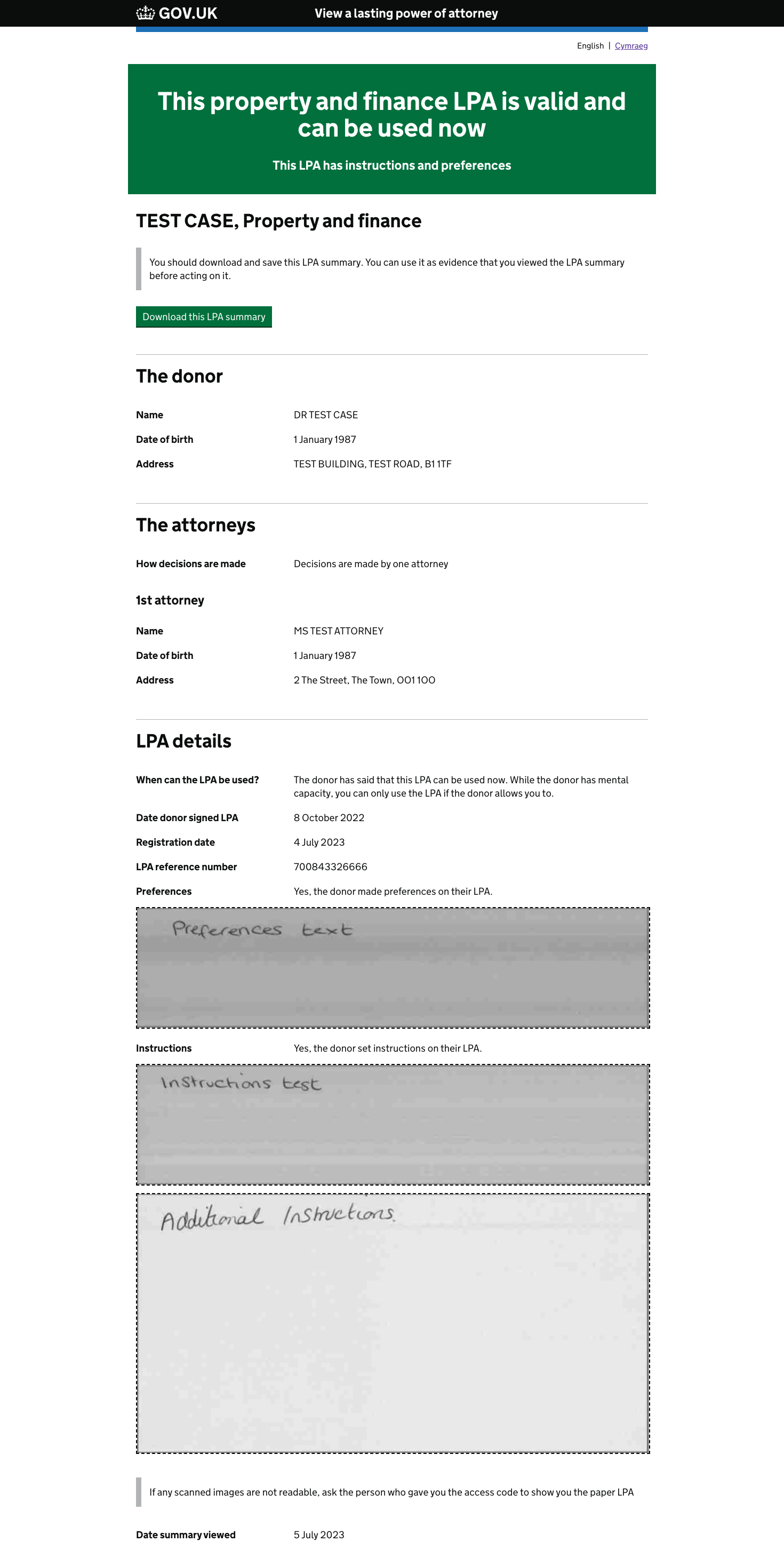Example of View an LPA showing how details of instructions and preferences will be displayed
