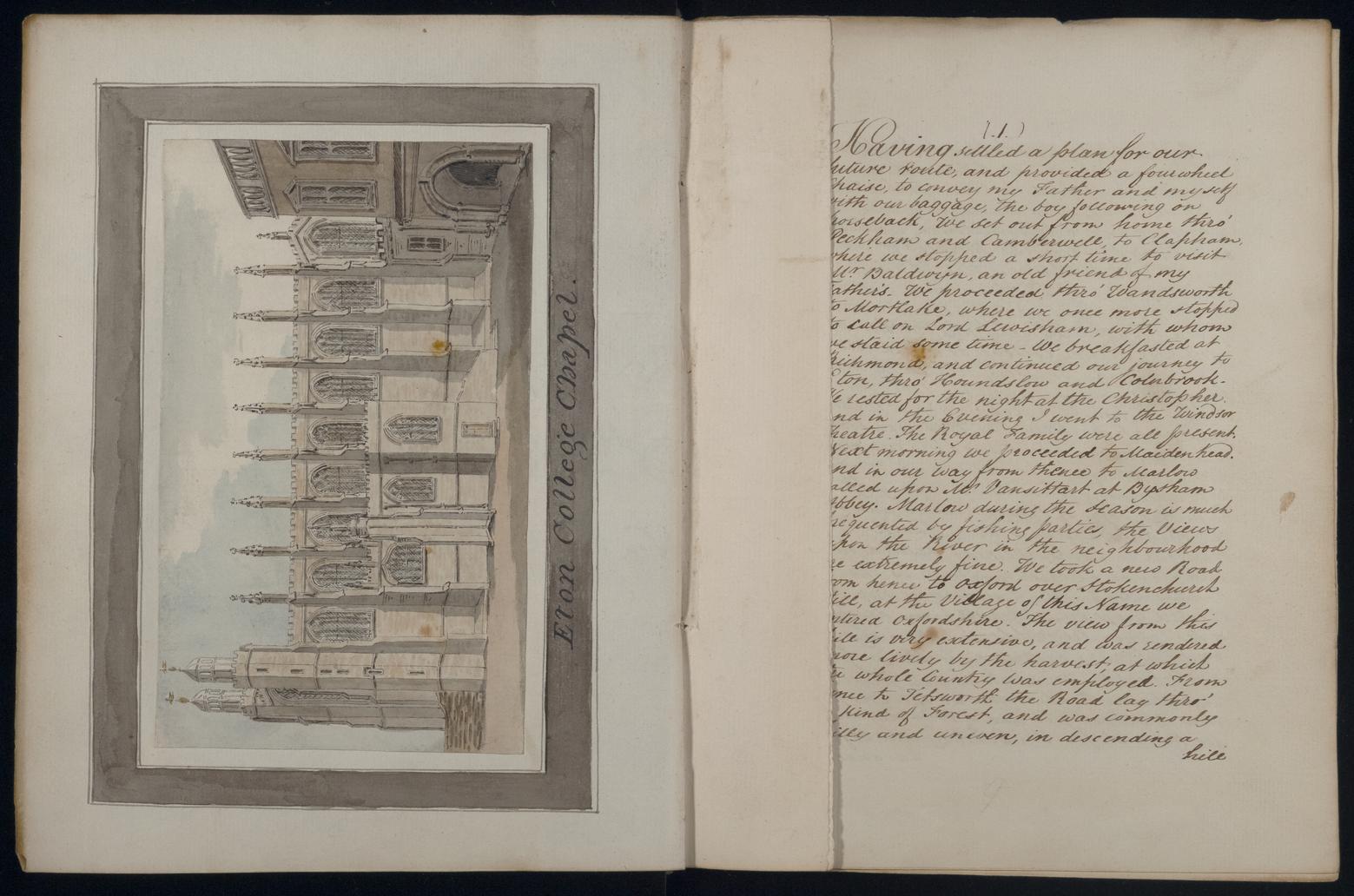 An image showing 'JOD/334; Edward Hawke Locker, Travel Journal of Edward Hawke Locker, 1798, on tour around the UK with his father William Locker containing some of his first watercolour sketches. 1798-08-06 - 1798-10-06'