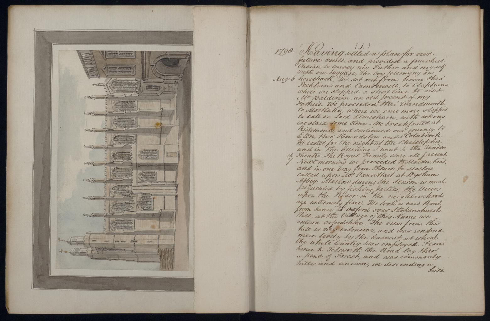 An image showing 'JOD/334; Edward Hawke Locker, Travel Journal of Edward Hawke Locker, 1798, on tour around the UK with his father William Locker containing some of his first watercolour sketches. 1798-08-06 - 1798-10-06'