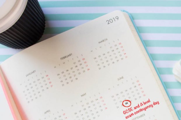 Image of diary/planner showing days by month. Red circle around 26 June with red text "GCSE and A level exam contingency day". Planner set on green/white stripey background. Take-away drink cup on top left corner