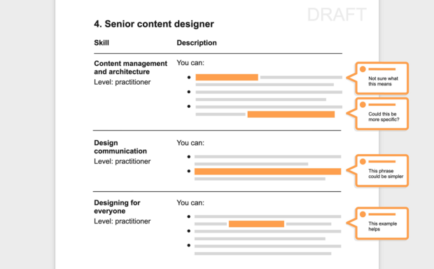 A mockup of a highlighter test showing three skills and their descriptions. The description part has orange highlighted blocks and boxes that describe the relevant feedback to the highlight such as 'Could this be more specific?'. 