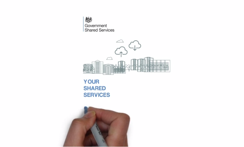 Screenshot of scene from video portraying hand drawing Government Shared Services logo, graphic and 'Your Shared Services' text