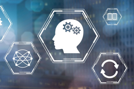A blue background with several hexagons in white, with graphics inside, with the prominent hexagon featuring a head with gears in the brain area