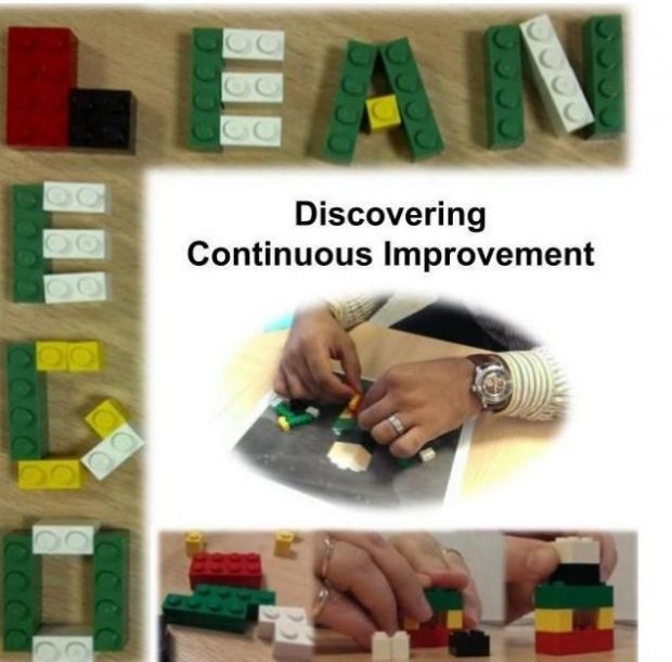 The words Lean Lego written in Lego. A pair of hands constructing lego and the phrase Discovering Continuous Improvement