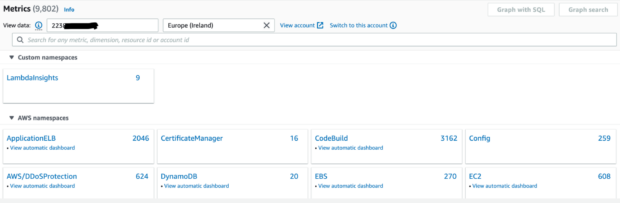 Selecting and viewing metrics for a source account from the monitoring account.