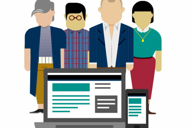 Several diverse people are standing around a laptop and mobile phone that are displaying template text, text blocks, and images.