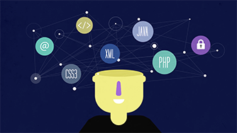 Animation showing a person's head open with various cyber and tech symbols floating around above