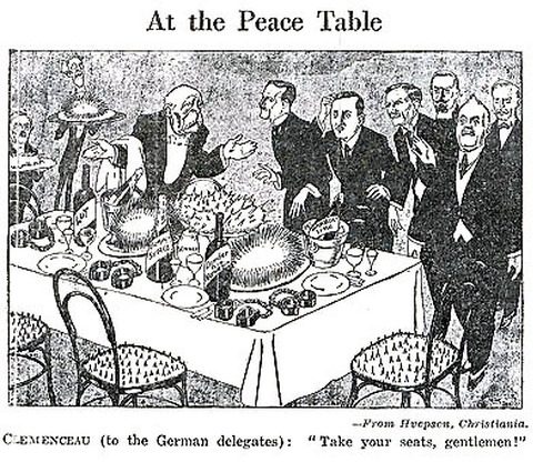 Cartoon: At the Peace Table. Treaty of Versailles. Clemenceau says, "Take your seats, gentlemen!" The food and chairs look dangerous, and there are handcuffs on the table, worried and suspicious German delegates.