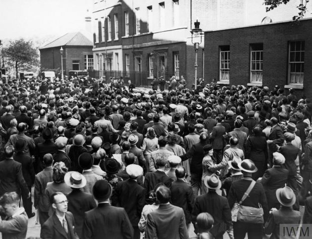 A crowd of civilians outside a 1939, 10 Downing Street