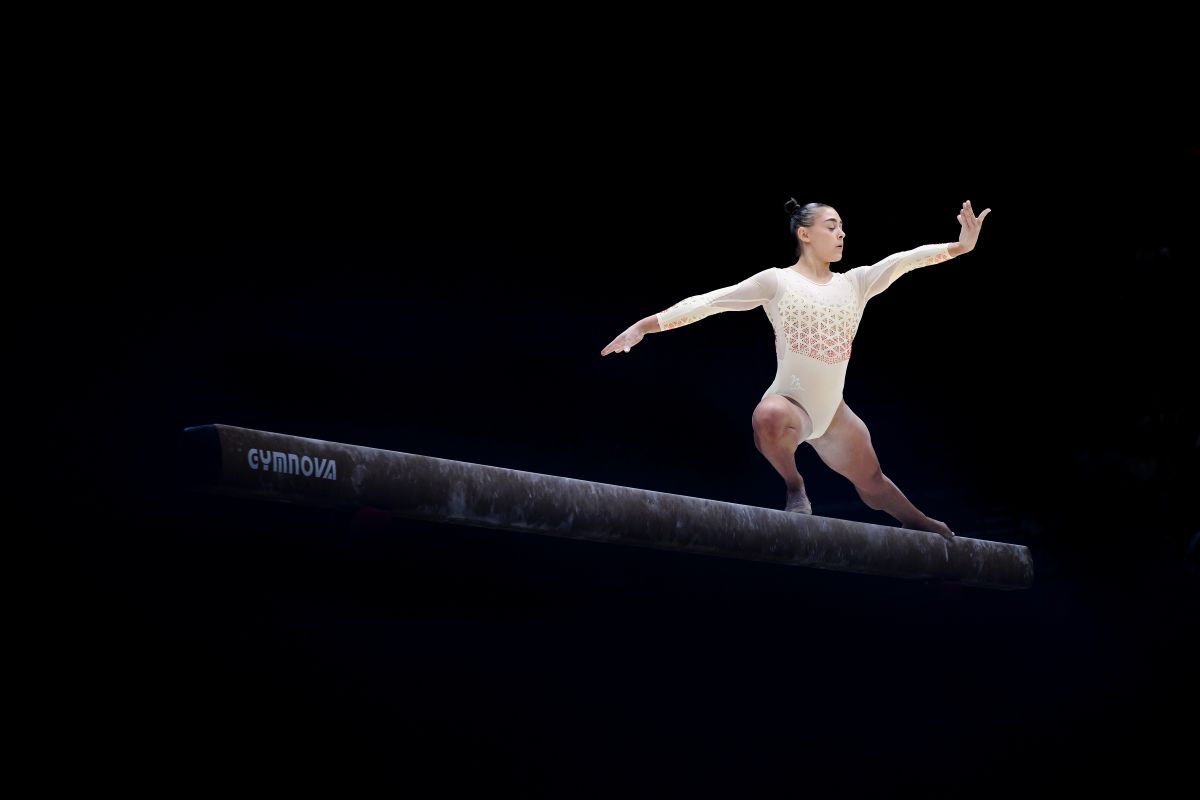 Jessica Gadirova competes on the Beam during the Women's Artistic Senior during Day Three of the 2025 Gymnastics British Championships at M&S Bank Arena