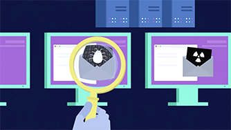 Magnifying glass looking at a virus on a computer screen