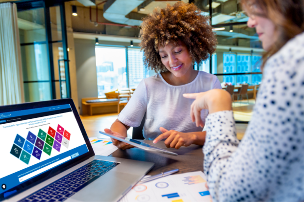 Two people sat around a laptop looking at the occupational maps