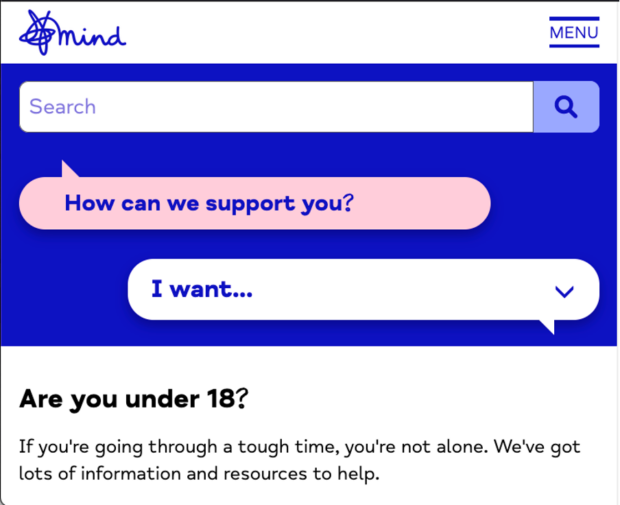 Screenshot of Mind charity website where the "Get help now" button is not shown, leaving more space for other content.