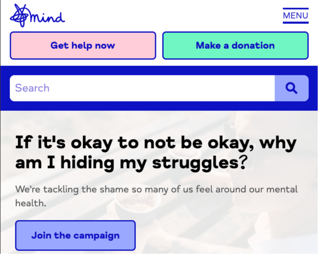 Screenshot of Mind charity website showing a "Get help now" button near the top of the page, reducing the available space for other content.