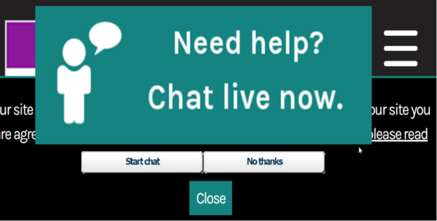 Screenshot of a web page with a large zoomed in "Need help? Chat live now" button obscuring most of the other page content.