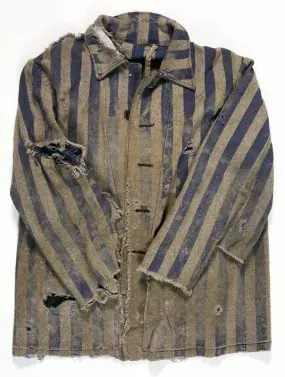 A tattered blue and white pyjama style jacket, of the type worn by prisoners of Majdanek concentration camp