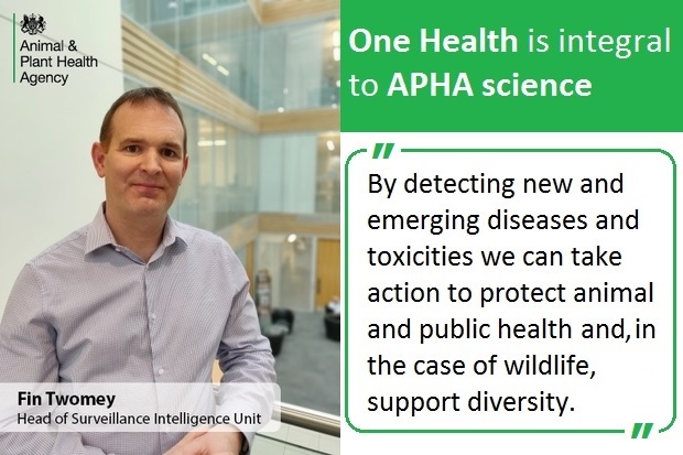 Image of Fin Twomey, Head of the Surveillance Intelligence Unit at APHA against a quote under the heading 'One Health is integral to APHA science. Quote reads, 'By detecting new and emerging diseases we can take action to protect animal and public health, and in the case of wildlife, support diversity.'