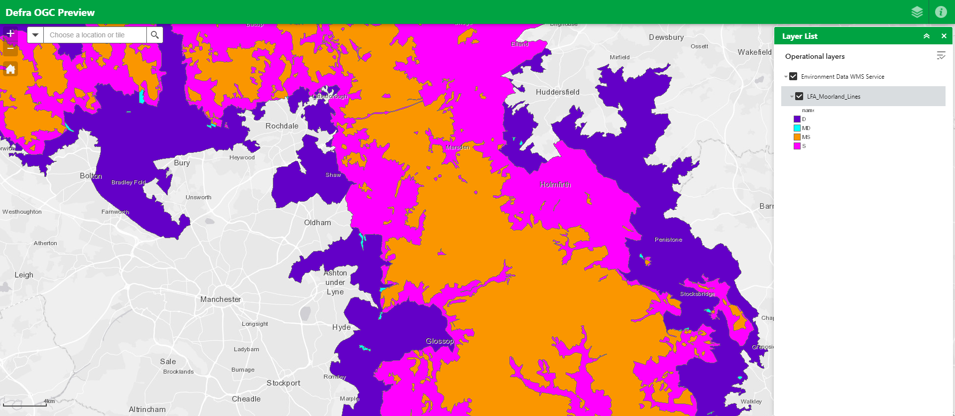 A map with data layers showing different types of moorland and less favoured areas (LFA) across Lancashire and West Yorkshire