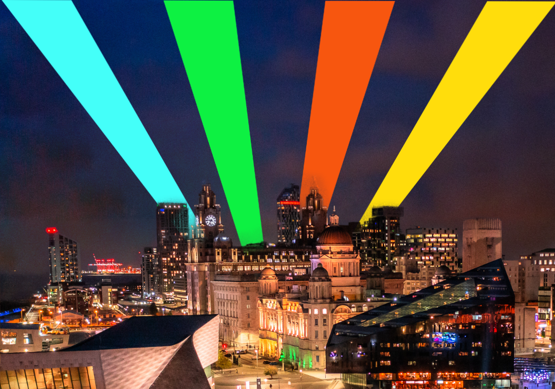 Skyline of Liverpool waterfront, with added colourful graphic lines