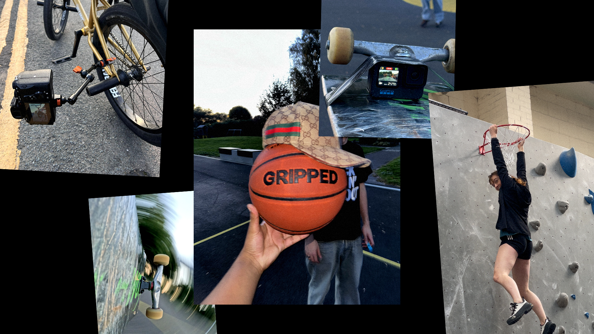 Collage of urban sports: skateboarding, cycling, basketball close-ups.