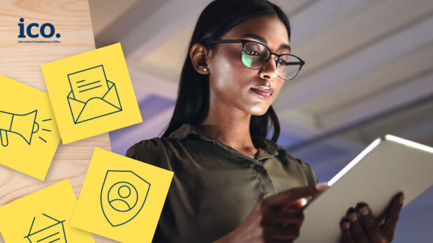 A woman in glasses is using a tablet device. The image also features post it notes with digital related images and the ICO logo