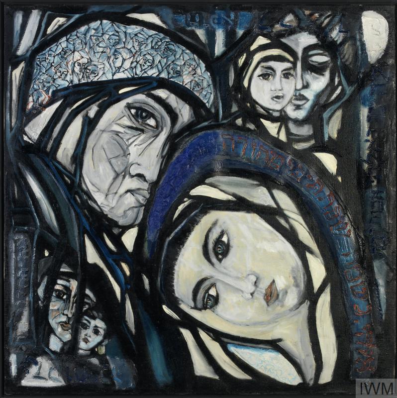 There are two main portraits showing a woman and a man with their heads covered facing the viewer, but inclining their heads towards each other. In the lower left corner there are two other, smaller faces also facing the viewer. In the upper right corner of the canvas the face of a mother with a child is visible. The child's face partially obscures the mother's downcast face.