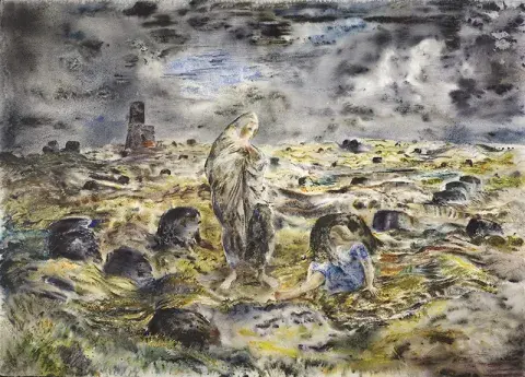 A desolate moorland, scattered with boulders, under a dark sky. A woman in a blue dress is seated, looking at something she holds in the palm of her hand. A Madonna-like figure with a grey cloak draped around her and covering her head, stands over her, holding a baby in her arms. In the distance there is a small isolated tower, a church or an industrial building.