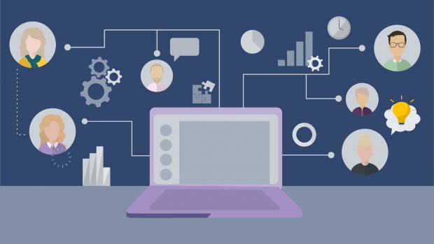A graphic of a laptop surrounded by bubbles with people in