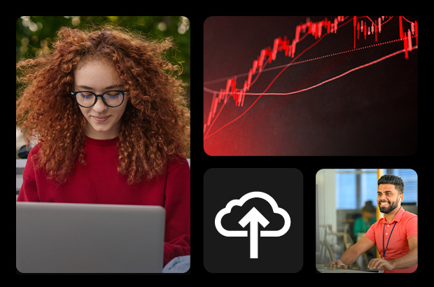 A collage of images. A woman looks at a laptop. A man wearing a lanyard smiles as he types on his laptop.