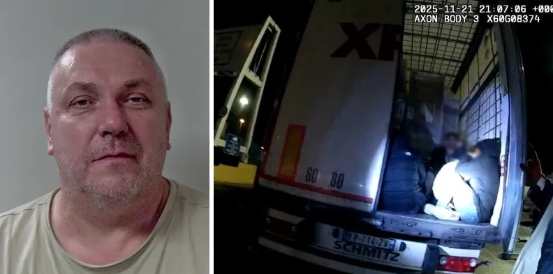 Custody image of Dragos-Gabriel Geangalau and body-worn footage image showing migrants in the back of Dragos-Gabriel Geangalau’s truck