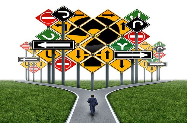 Graphic of a career path with road signs.