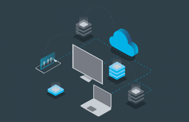 A graphic showing a computer monitor and a laptop linked to a cloud via dotted lines.