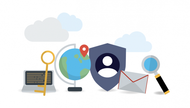 A graphic showing a laptop, globe, envelope and magnifying glass