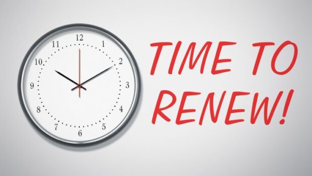 A clock on the wall with text time to renew